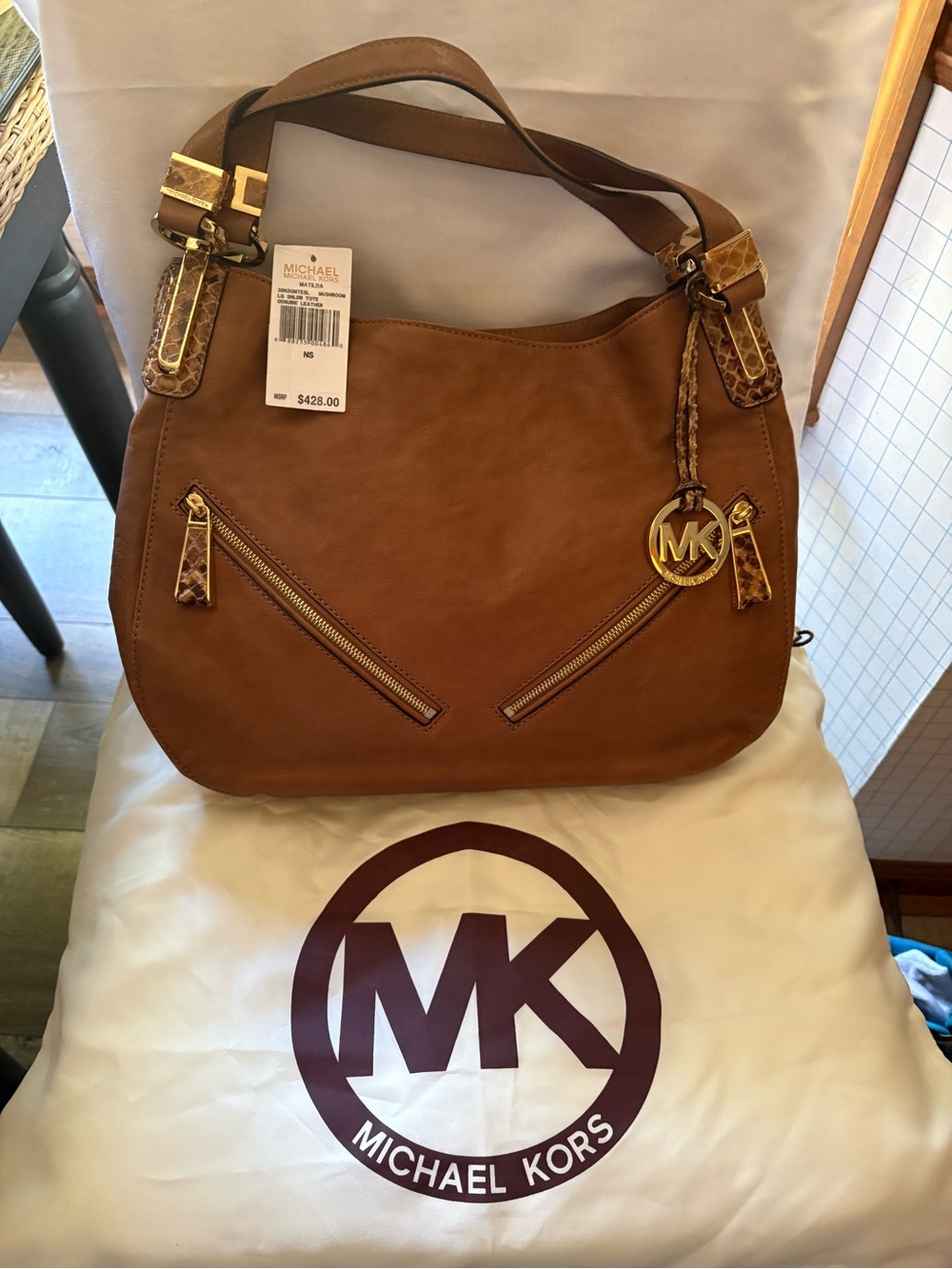 Michael Kors Brown Leather Shoulder Bag with Gold Hardware